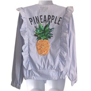 Signature8 Women’s M Blue & White Stripe Pineapple Graphic Zip Shirt Jacket NWT